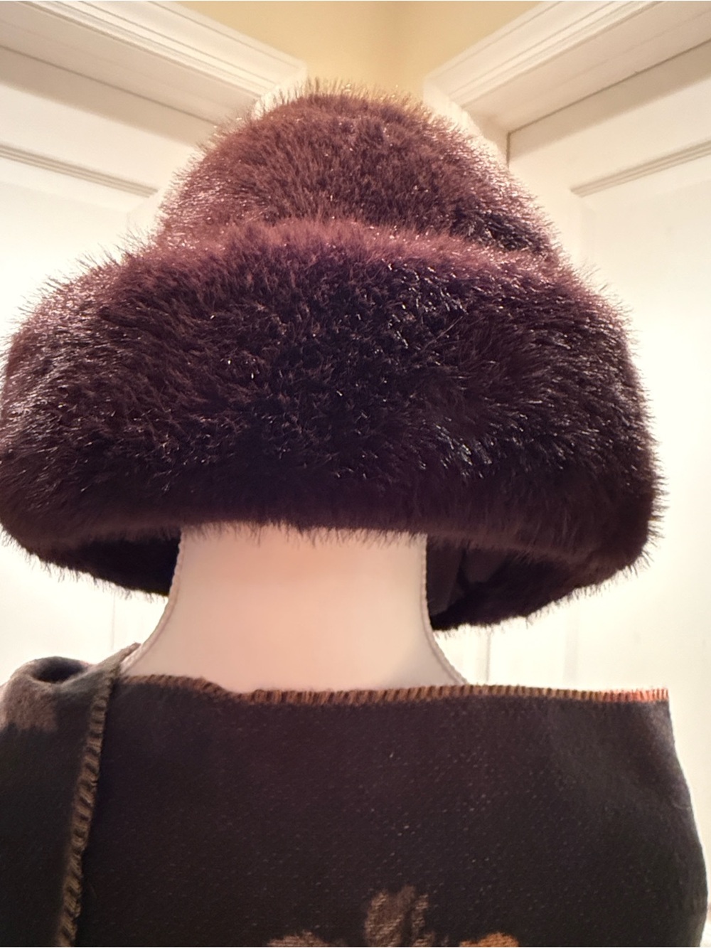 Coshmink Brown Floral Fringe Scarf with H&M Matching Brown Faux Fur Bucket Hat